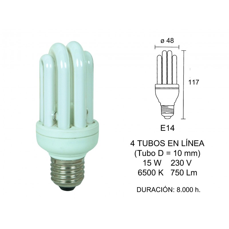 LAMPARA BAJO CONSUMO 4 TUBOS 15W E-14 EN LINEA 6500K 2600691