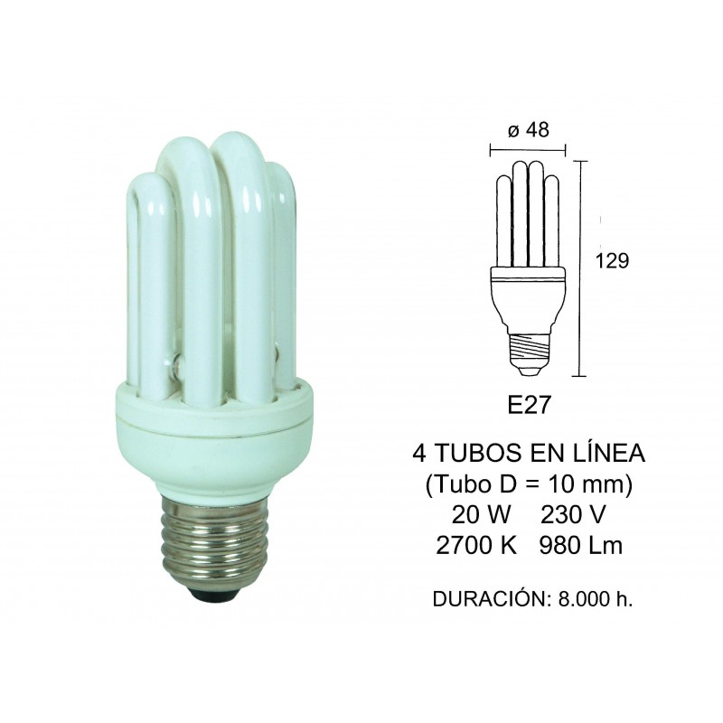 LAMPARA BAJO CONSUMO 4 TUBOS 20W E-27 EN LINEA 2700K 2600694