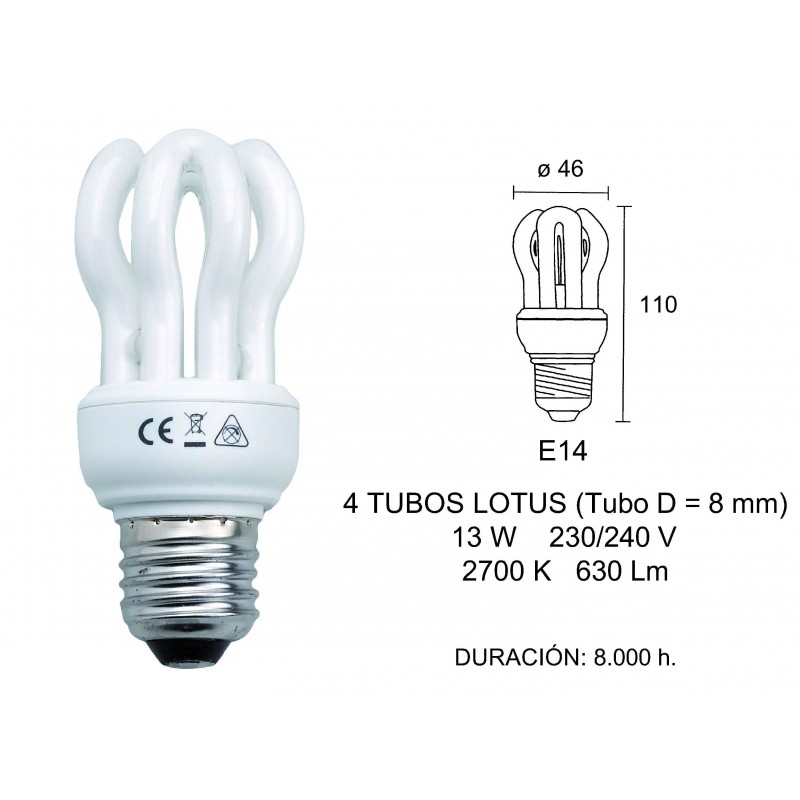 LAMPARA BAJO CONSUMO LOTUS 4T. (8mm) 13W E-14 2700K 2600658
